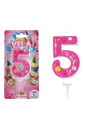 VELA DE ANIVERSÁRIO NÚMERO 5 COR ROSA ART FANTSY